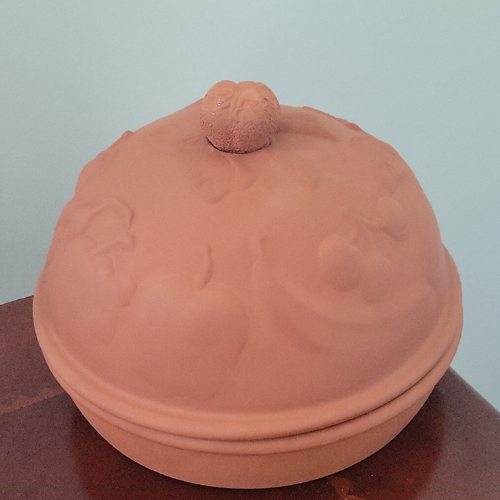 Terracotta Dome Lid/Dish with Embossed Fruit  Design
